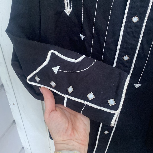 Men's Medium Panhandle Slim Retro Embroidered Western Snap Shirt Black White - Picture 6 of 9